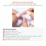 Hands peeling off clear jelly glue from pink and ivory press-on nails for easy nail removal