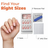 Press-on nails kit with pink nude nails, remover pad, jelly glue, and hand with manicured nails