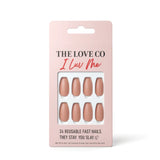 The Love Co I Luv Me pink press-on nails set in retail packaging, 24 reusable fast nails