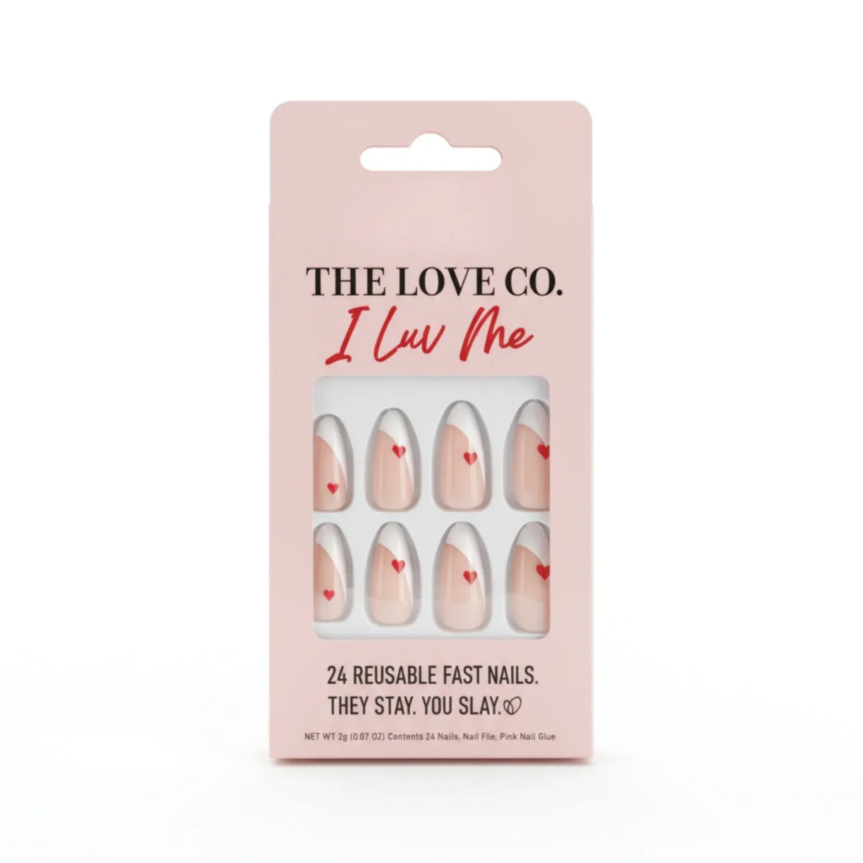 The Love Co I Luv Me pink press-on nails set with small red hearts, 24 reusable nails
