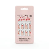 The Love Co I Luv Me pink press-on nails set with small red hearts, 24 reusable nails
