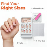 Hand with nude almond press-on nails, kit with extra nails, jelly glue tabs, remover pad, nail file
