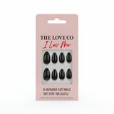 The Love Co I Luv Me black press on nails set in pink packaging, 24 reusable fast nails