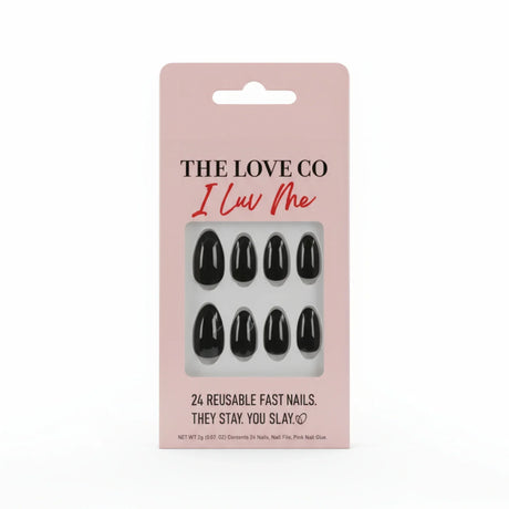 The Love Co I Luv Me black press on nails set in pink packaging, 24 reusable fast nails