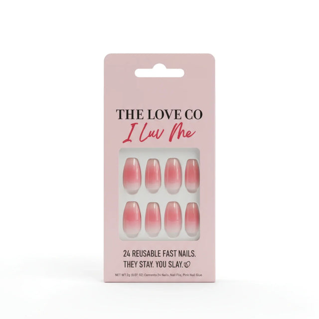 The Love Co I Luv Me pink ombre reusable press on nails in packaging