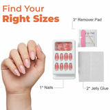 Hand with pink almond-shaped press on nails, remover pads, and jelly glue nail kit