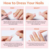 Step-by-step guide with hands applying pink press-on nails using nail file, glue, and instructions.