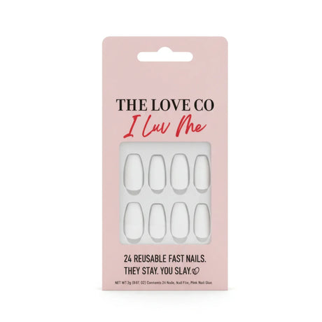 The Love Co I Luv Me pack of 24 reusable white press-on nails in pink packaging