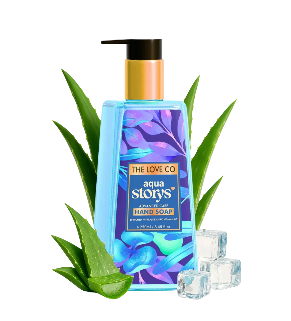 Aqua Storys hand soap bottle with aloe leaves and ice cubes on a white background