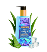 Aqua Storys hand soap bottle with aloe leaves and ice cubes on a white background