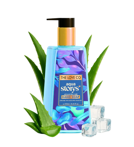 Aqua Storys hand soap bottle with aloe leaves and ice cubes on a white background
