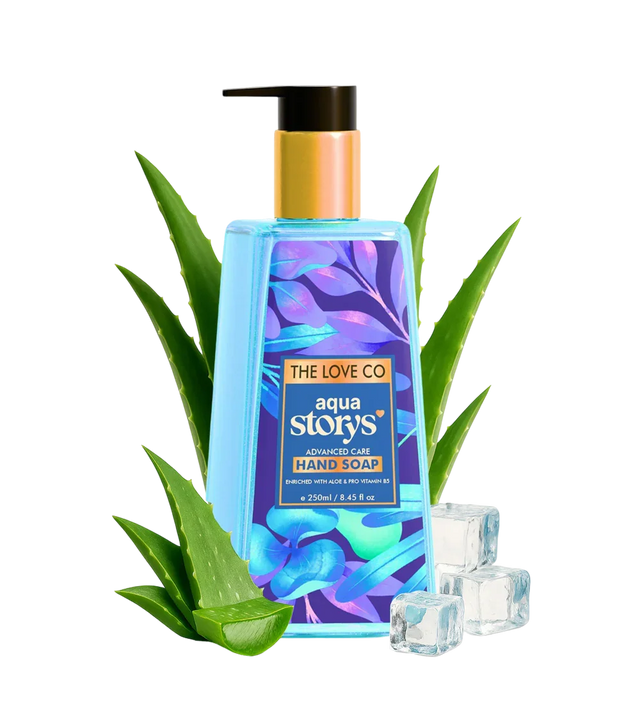 Aqua Storys hand soap bottle with aloe leaves and ice cubes on a white background