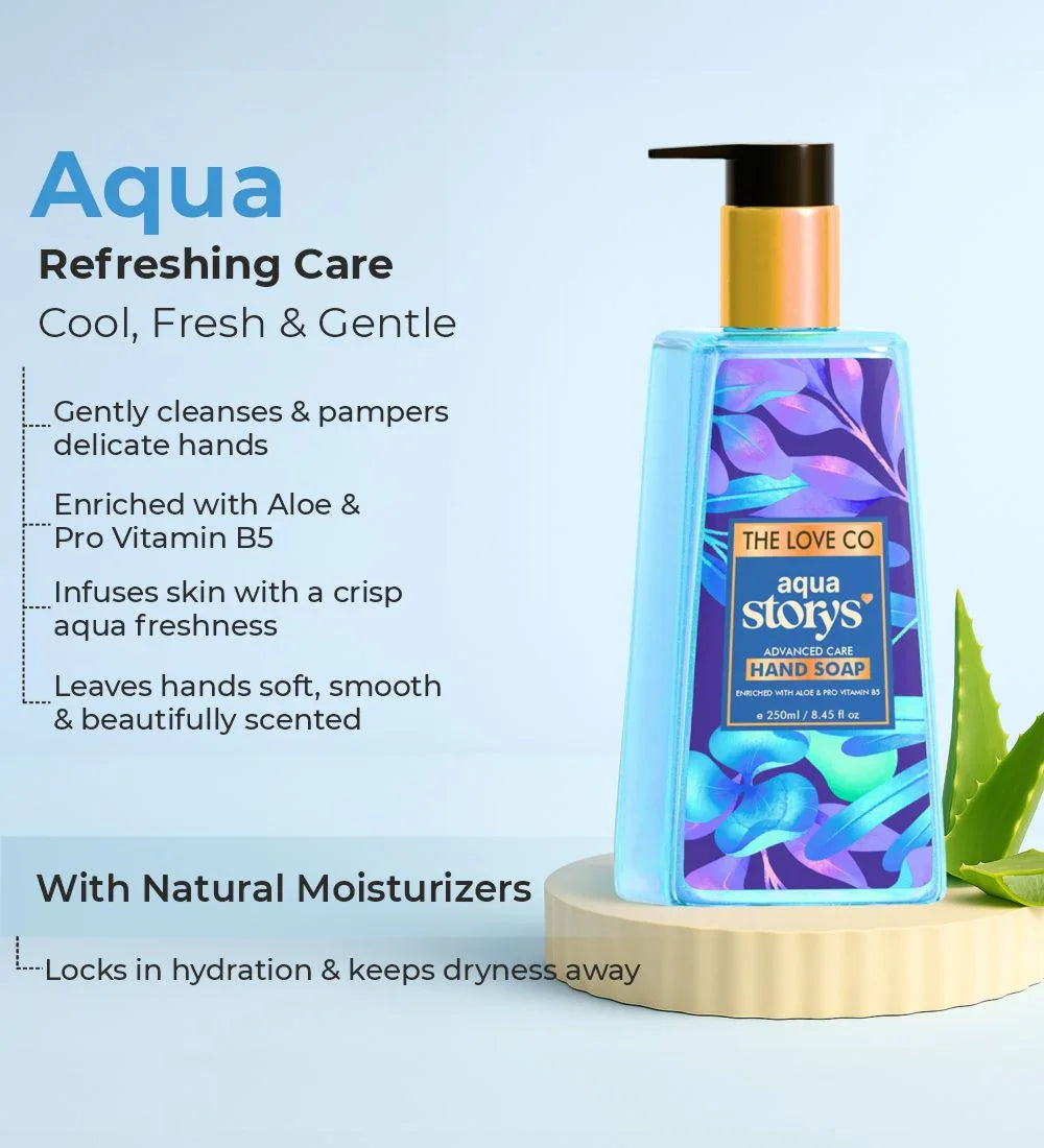 Aqua Storys hand soap bottle with blue and purple leaf design, aloe leaf, and moisturizing features