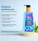Aqua Storys hand soap bottle with blue and purple leaf design, aloe leaf, and moisturizing features