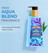 Aqua Blend hand soap bottle with blue label, pump dispenser, and aloe leaf on light blue background.