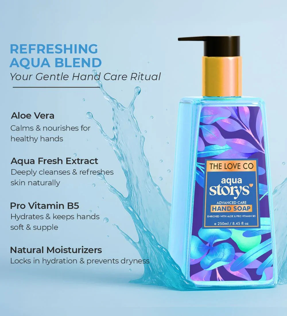 The Love Co aqua storys hand soap bottle with vibrant blue design, splash and benefits list.