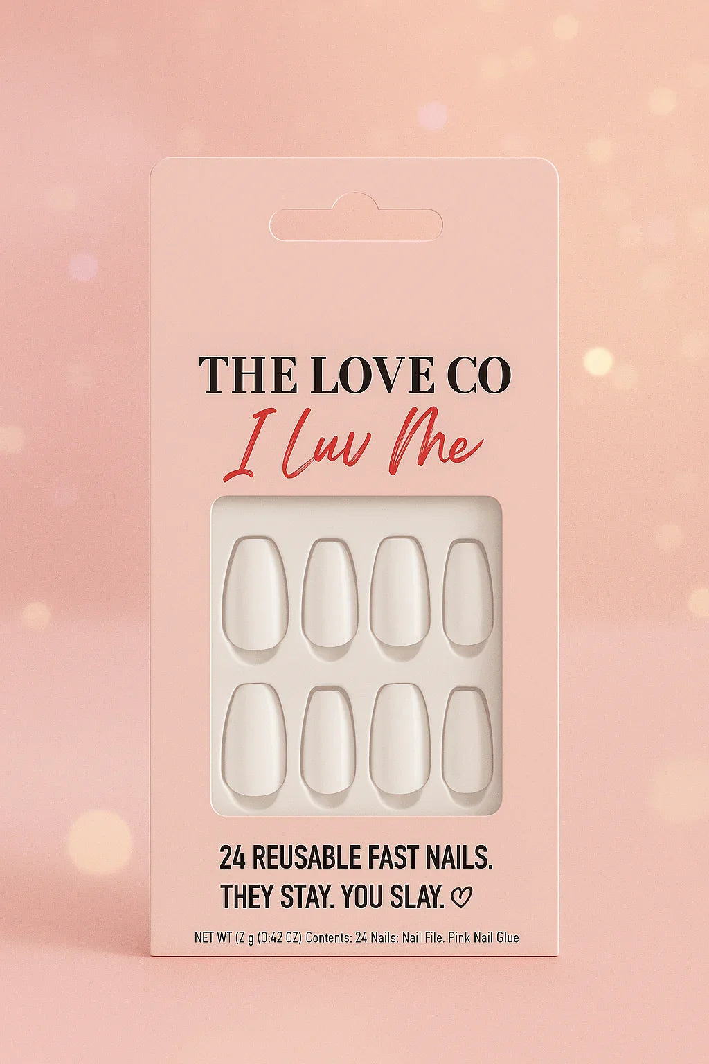 The Love Co I Luv Me reusable fast nails pack with 24 artificial nails on pink background