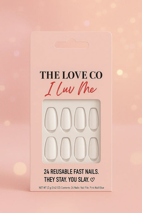 The Love Co I Luv Me reusable fast nails pack with 24 artificial nails on pink background