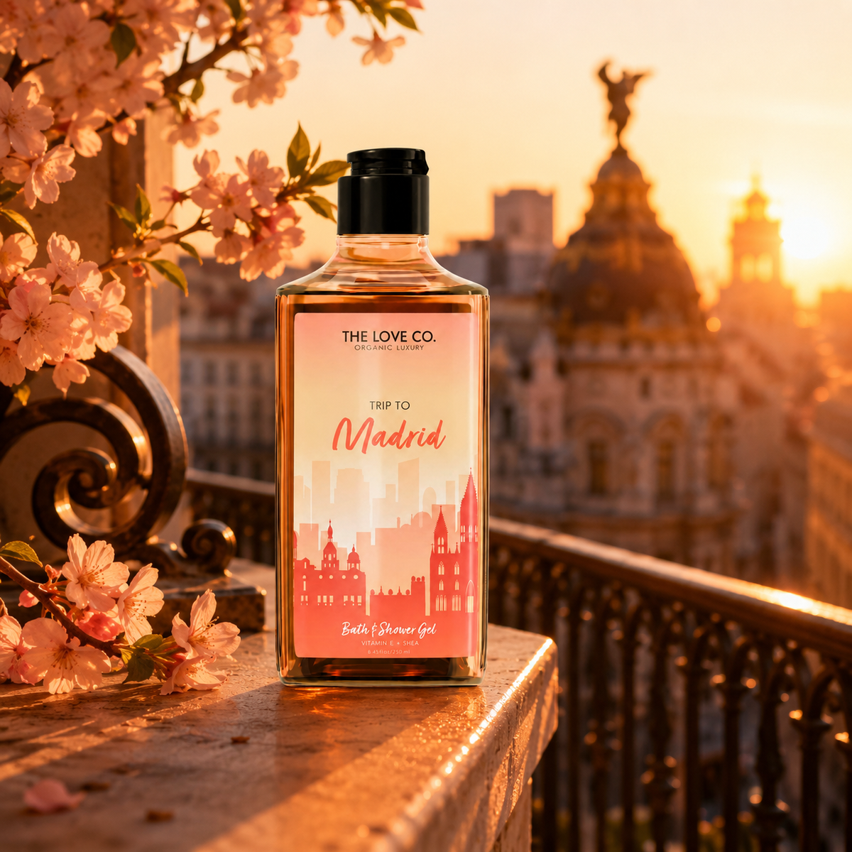 Madrid Body Wash bottle among orchid blossoms and cosmos flowers in golden Spanish light