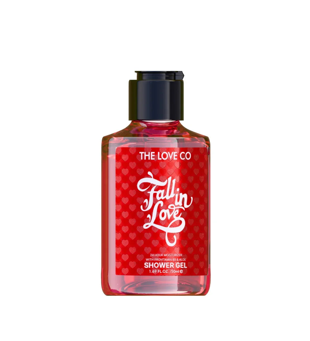 The Love Co Fall in Love shower gel 50ml red bottle with heart pattern