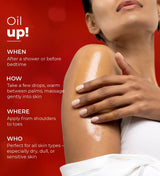 Woman applying body oil to shoulder, skincare instructions on red background