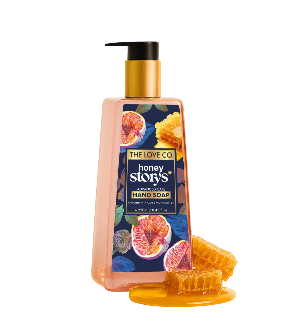 Honey Story's hand soap bottle with pump, honeycomb, and fig design on label