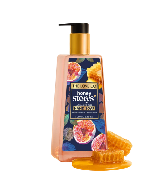 Honey Story's hand soap bottle with pump, honeycomb, and fig design on label