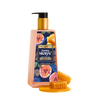 Honey Story's hand soap bottle with pump, honeycomb, and fig design on label