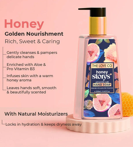 Honey hand wash bottle with floral label, honeycomb, and nourishing skincare benefits text