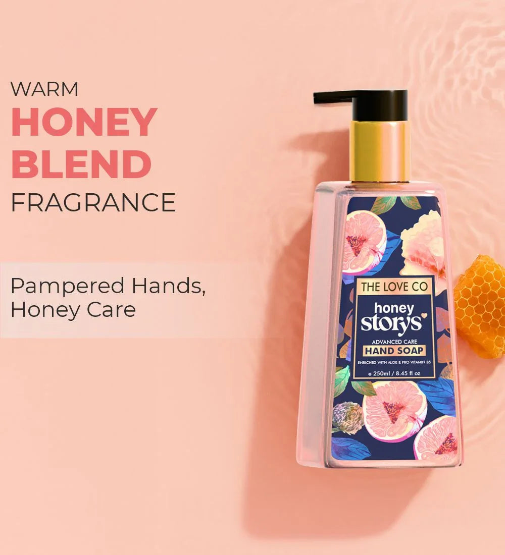 Honey hand wash bottle with floral label and honeycomb on peach background