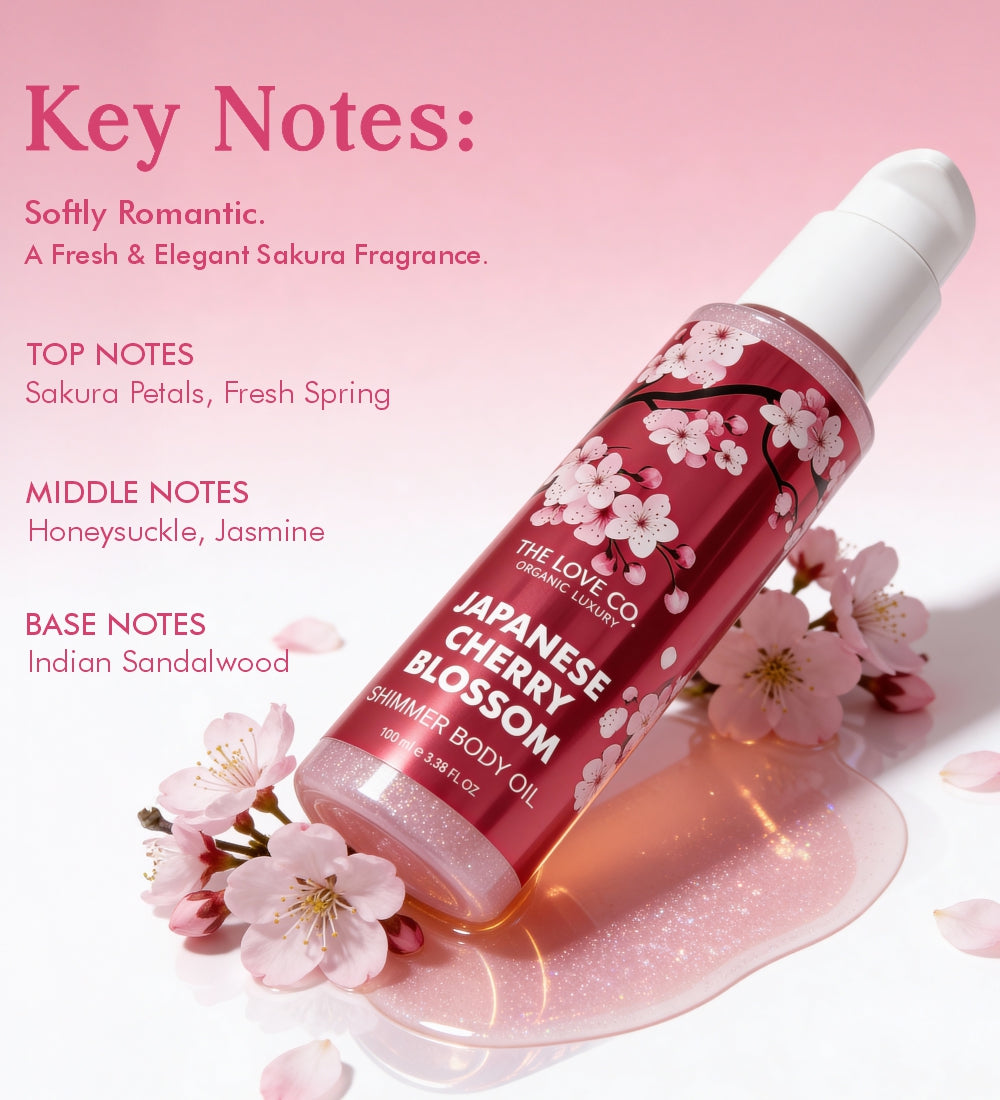 JCB Shimmer Oil fragrance — cherry blossom, plum and vanilla scent profile — The Love Co
