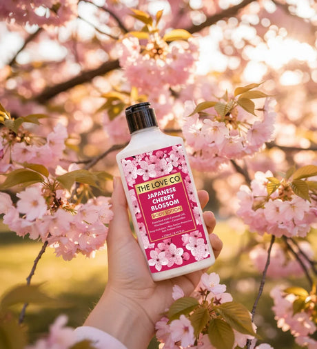 Hand holding The Love Co Japanese Cherry Blossom body lotion with cherry blossoms in background