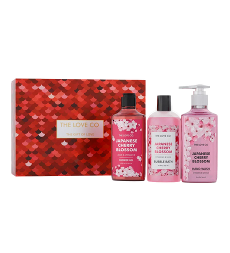 The Love Co Japanese Cherry Blossom gift box with shower gel, bubble bath, and hand wash.