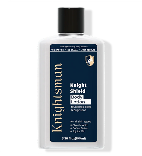 Knightsman Knight Shield Body Lotion 100ml bottle with navy label and gold logo