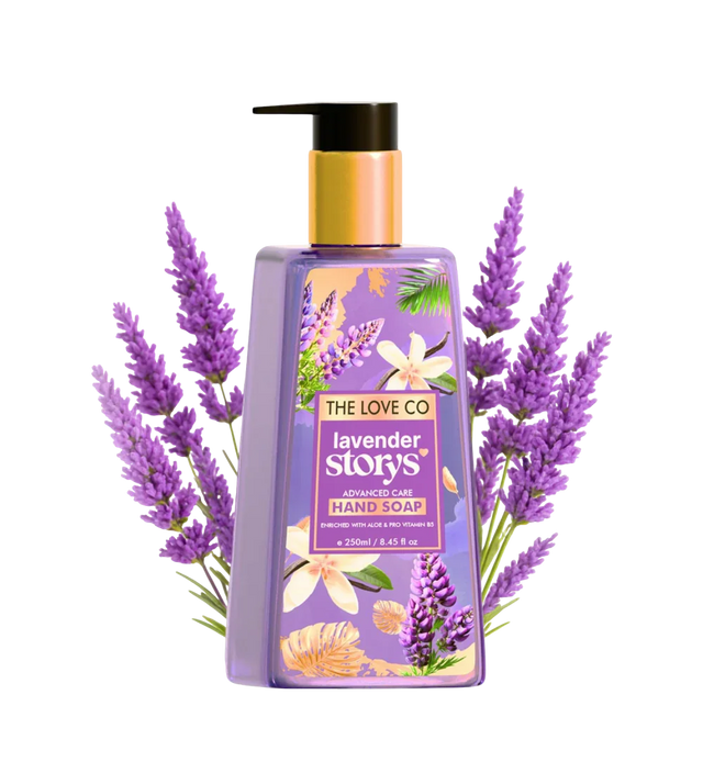 Lavender Story hand wash bottle with pump and lavender flowers, The Love Co, 250ml