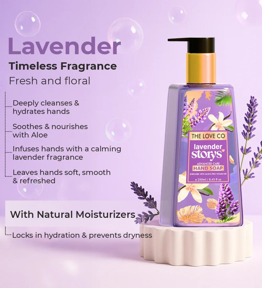 Lavender Story hand soap bottle with floral design, lavender sprigs, and benefits listed, on a purple background.