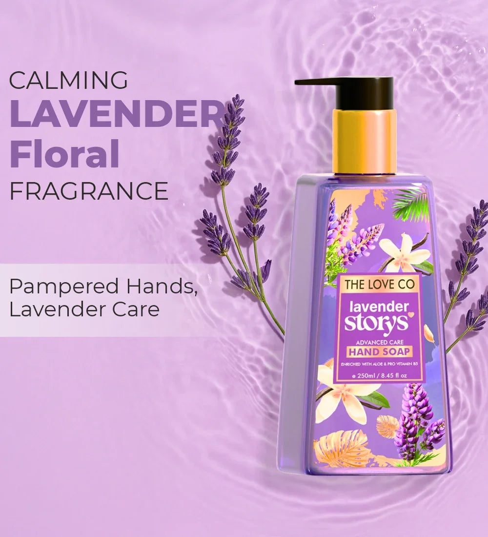 Lavender Story hand soap bottle with floral design, lavender sprigs on light purple background