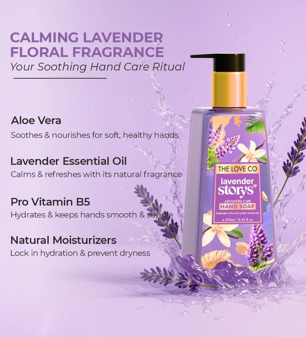Lavender Story hand wash bottle with lavender, aloe vera, and soothing floral visuals.