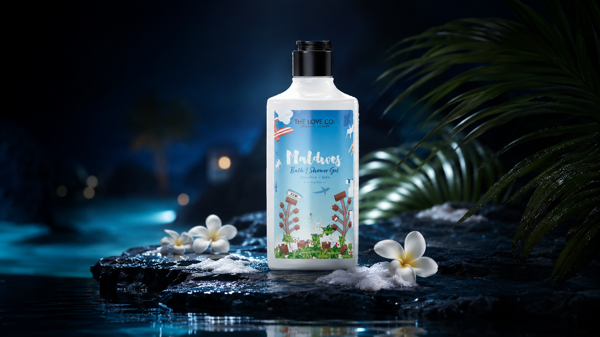 Maldives Body Wash bottle among marine waves and coconut palms in bright turquoise light