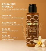 Romantic Vanilla body oil bottle with vanilla flower, golden background, skincare ingredients listed