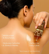Woman applying Romantic Vanilla Body Oil to shoulder, promotes glowing, moisturized skin