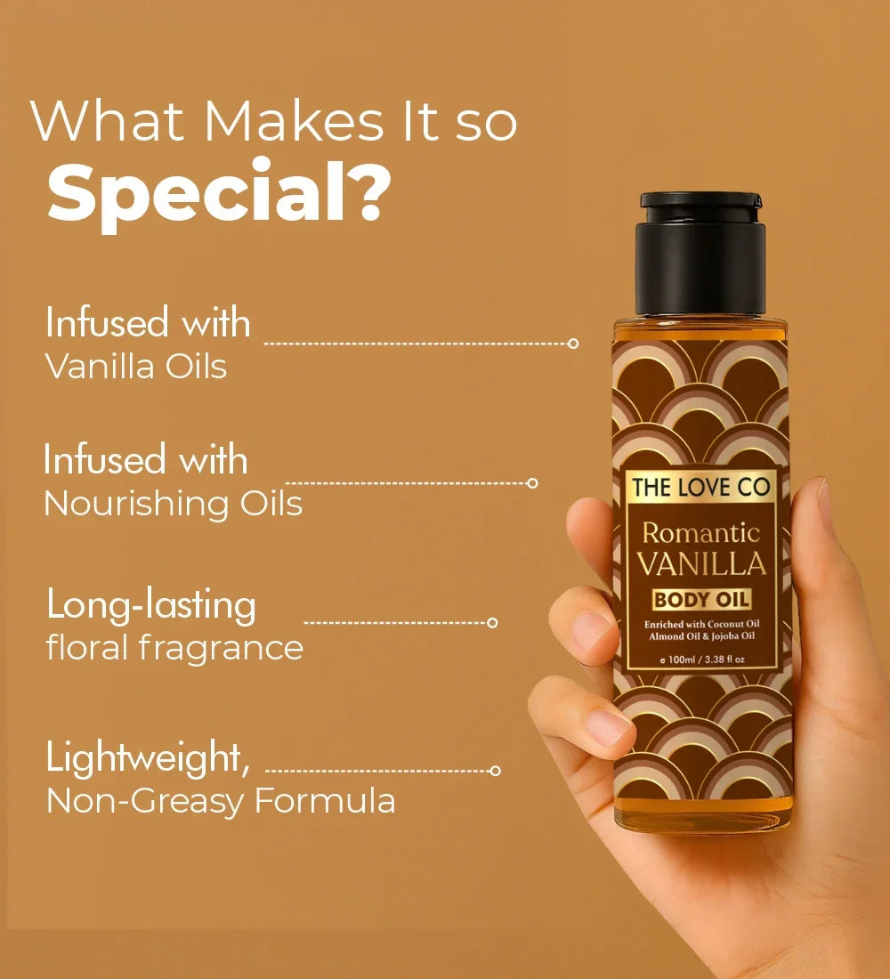 Hand holding The Love Co Romantic Vanilla body oil bottle with product benefits on brown background
