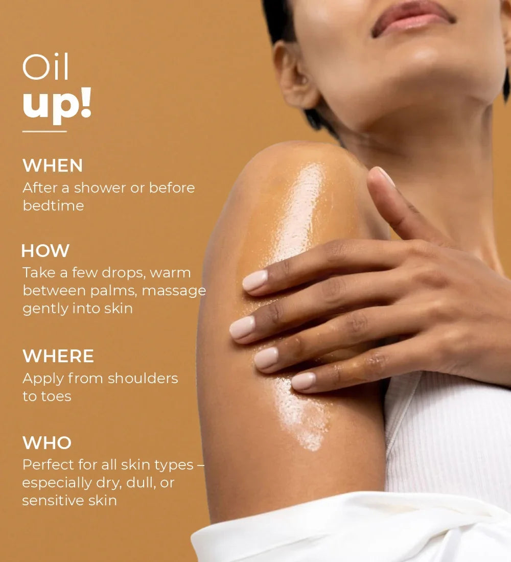 Woman applying body oil to shoulder on tan background with skincare usage instructions text.