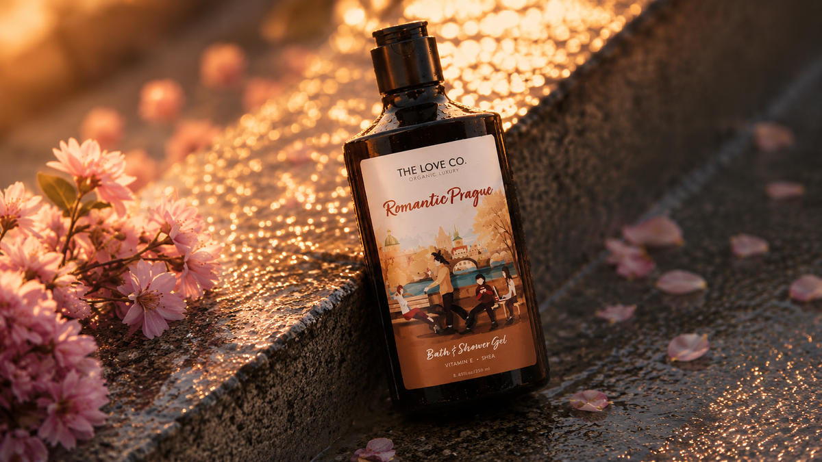 Romantic Prague Body Wash bottle among amber resin and vanilla pods in candlelit evening glow