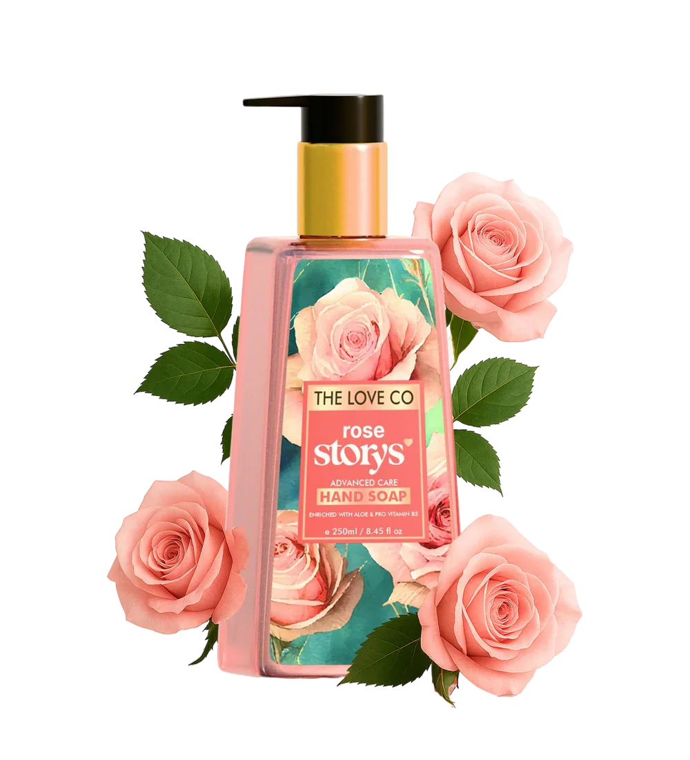 The Love Co rose hand soap bottle with pink roses and green leaves on white background