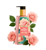 The Love Co rose hand soap bottle with pink roses and green leaves on white background