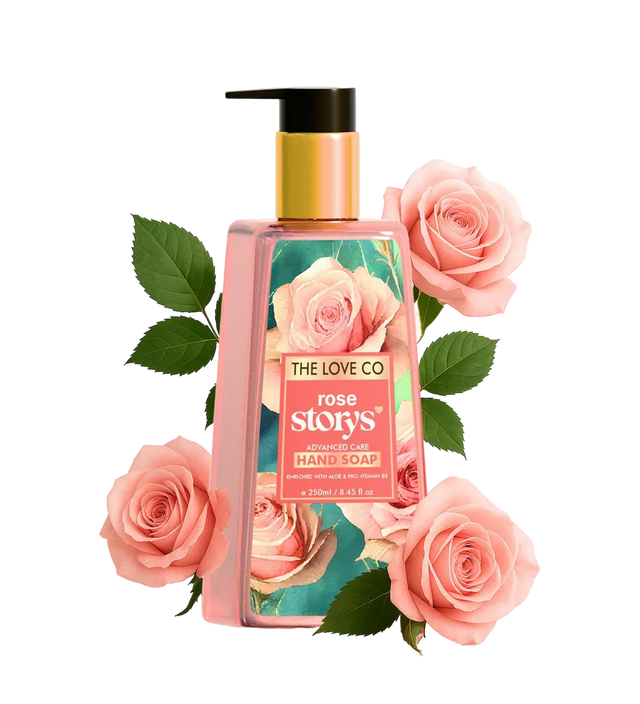 The Love Co rose hand soap bottle with pink roses and green leaves on white background