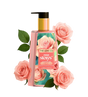 The Love Co rose hand soap bottle with pink roses and green leaves on white background
