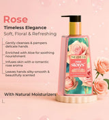 Rose hand soap bottle with floral design, pink roses, and product benefits on pastel background