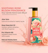Rose hand soap bottle with floral label and description highlighting aloe vera, rose essential oil, pro vitamin B5, and natural moisturizers on a pink background.